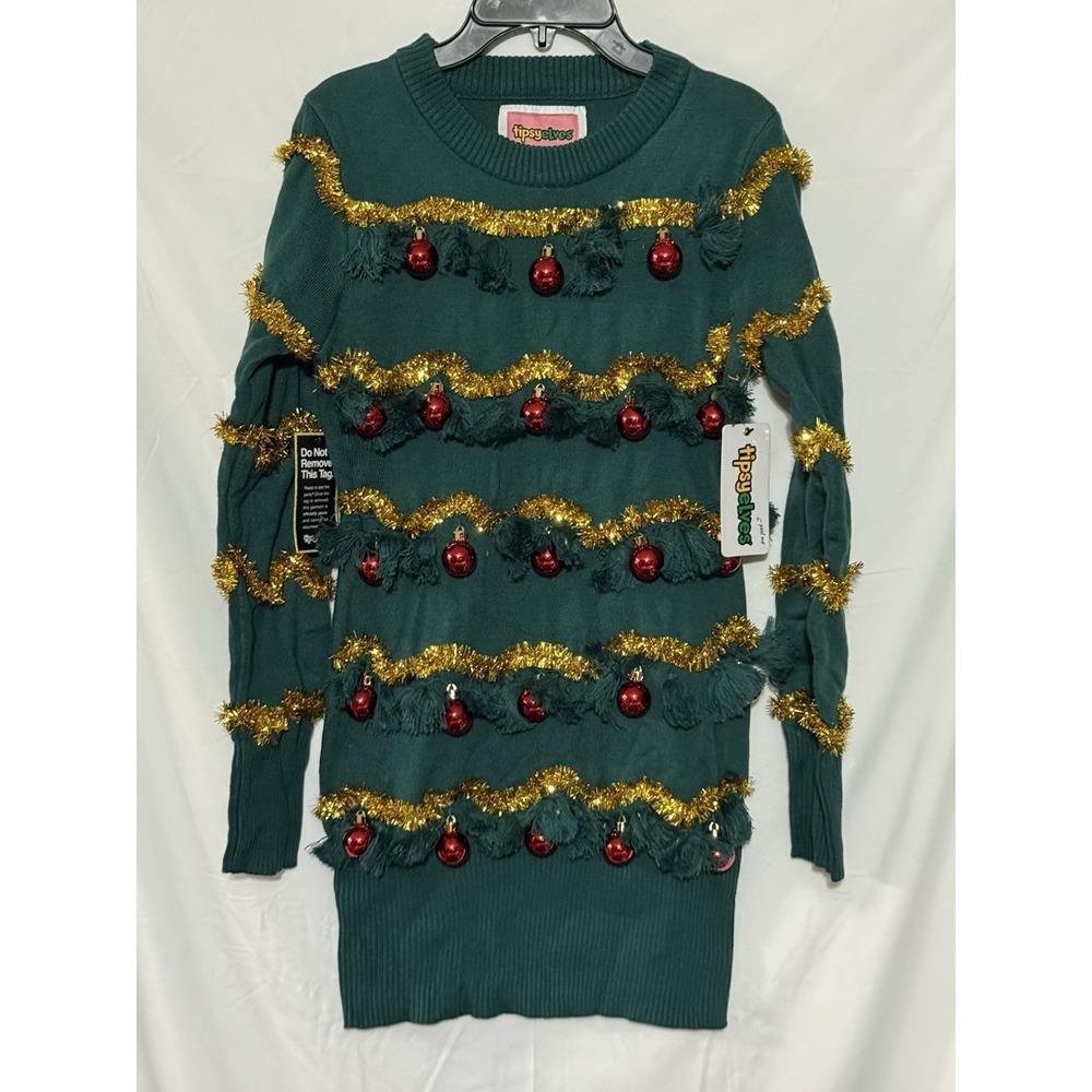 Tipsy Elves Christmas Sweater Dress XS Tinsel Tree Ugly Holiday Dress